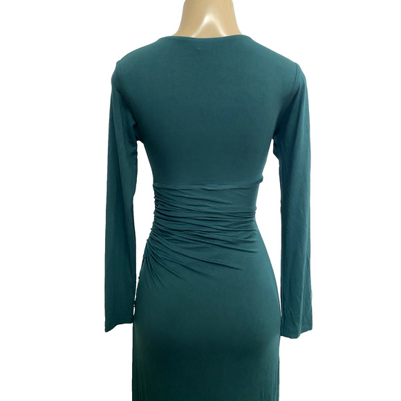 NWT SKY Dress V Neck Long Sleeve Maxi A line Ruched Green Long Slit Knit XS - Picture 7 of 9